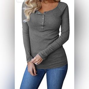 Remikstyt Womens Long Sleeve Henley Ribbed Button Down Casual Tops, XL, Dk Grey